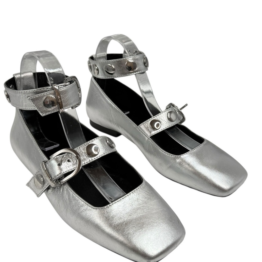 Maje Metallic silver Leather square toe ankle strap Mary Jane Flats size 38